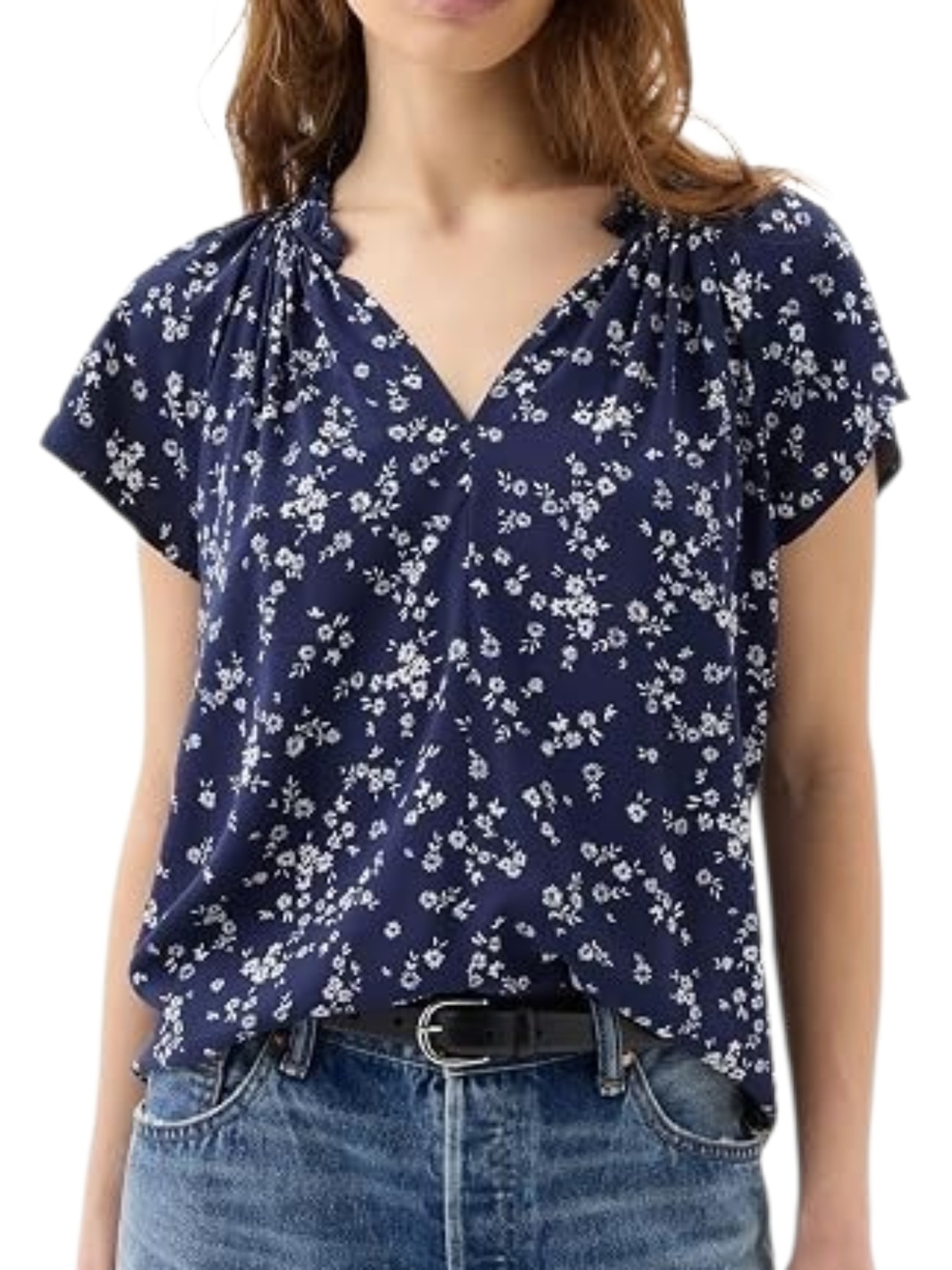 Gap | Splitneck Flutter Sleeve Ditsy Floral Print Blouse Top Navy Blue Ruffle